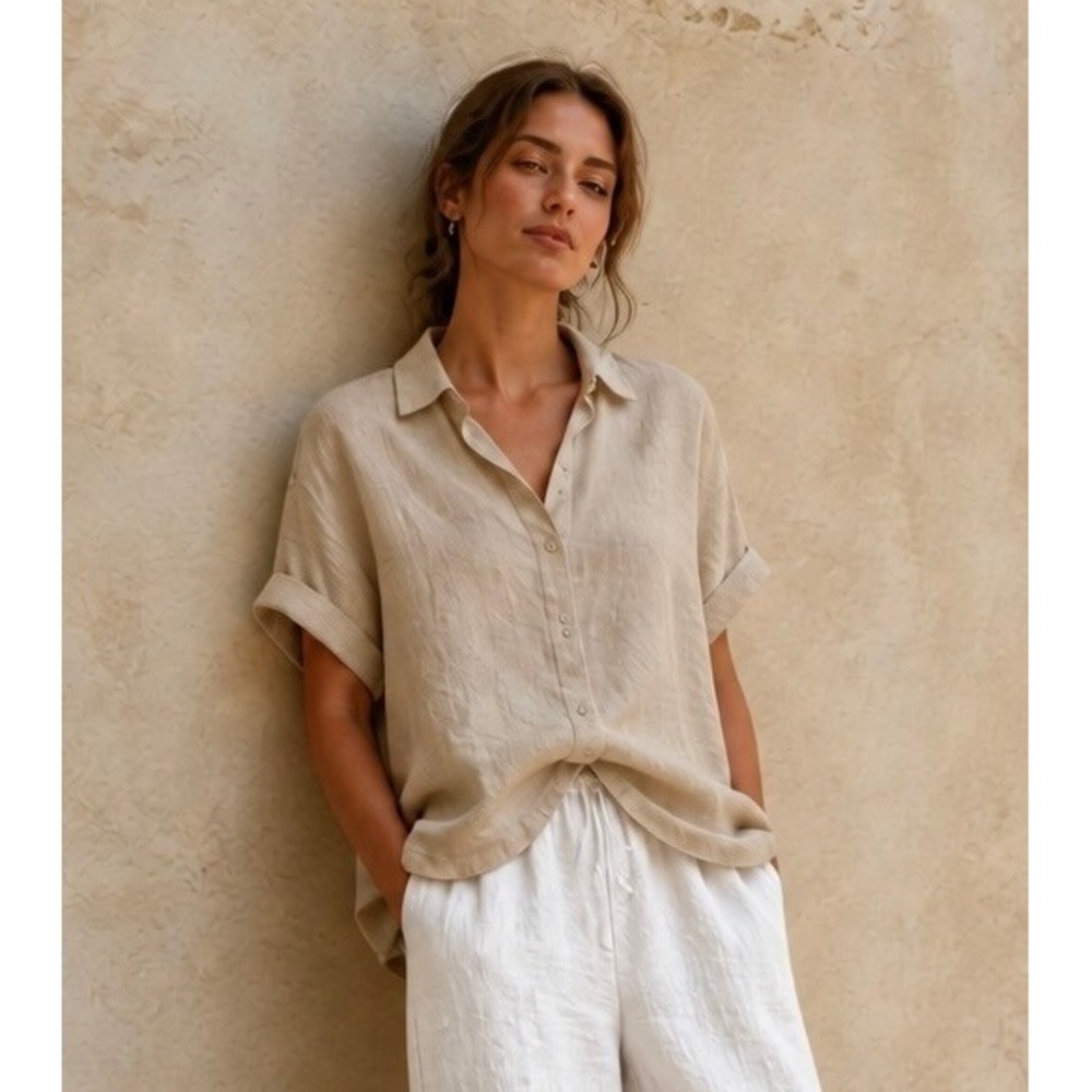 SOLAÍ Linen Button Down Shirt Women M Beige Short Sleeve Boxy AR1060-1